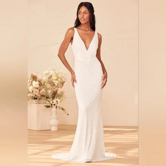 Lulus The Sweetest Vows White Beaded Sequin Mermaid Maxi Dress Wedding Bridal - Picture 2 of 14